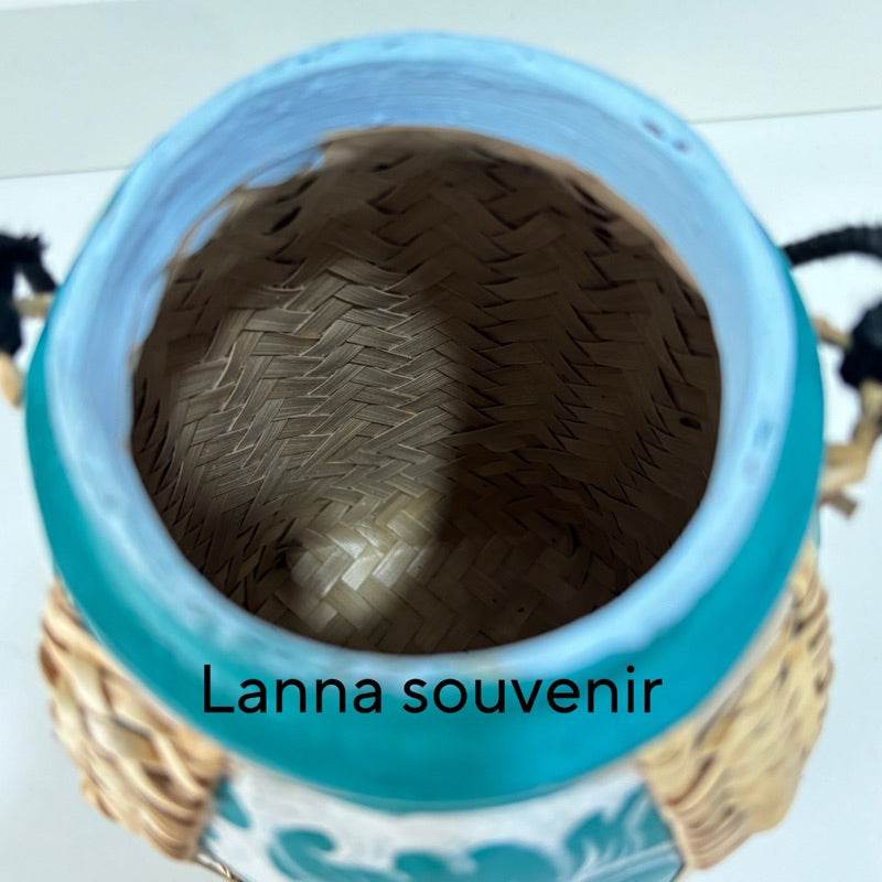 Handmade lanna bamboo rice box with woven interior and blue decorative exterior from One-Sake.com