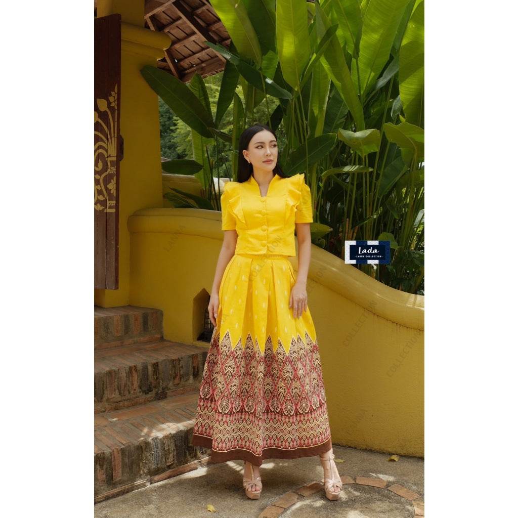 Double Layer Fan Print Cotton Blouse &amp; Skirt Set | Two-Piece Outfit in Small Leaf Pattern – Available in 2 Colors One-Sake.com ชมพู / L ชมพู / S ชมพู / M ชมพู / S-ชมพู / M-ชมพู / L-ชมพู / XL-เหลือง / S-เหลือง / M-เหลือง / L-เหลือง / XL-