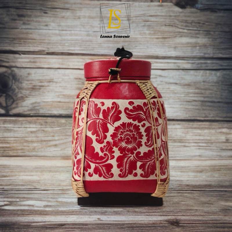 Handmade Thai decorative tray with red floral patterns and woven bamboo frame from One-Sake.com