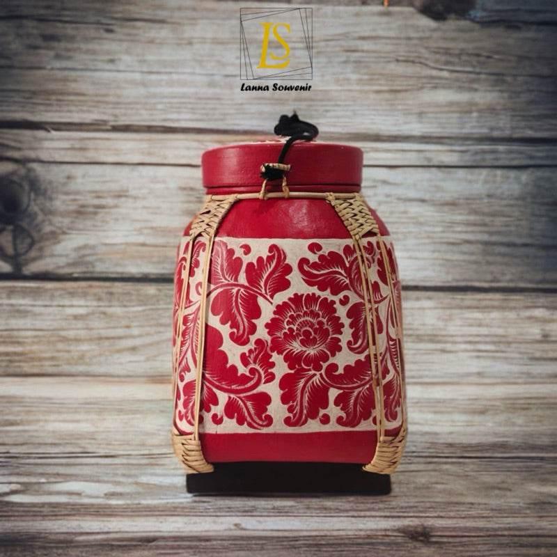 Handmade Thai Decorative Tray Lanna Rice Box - Artisan Crafted Home Décor Red