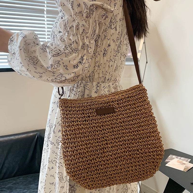 Korean Braided Crochet Shoulder Bag – 23x29cm with Zipper &amp; Lining | Adjustable Strap &amp; Natural Cotton Rope Material One-Sake.com white off khaki white off-khaki-