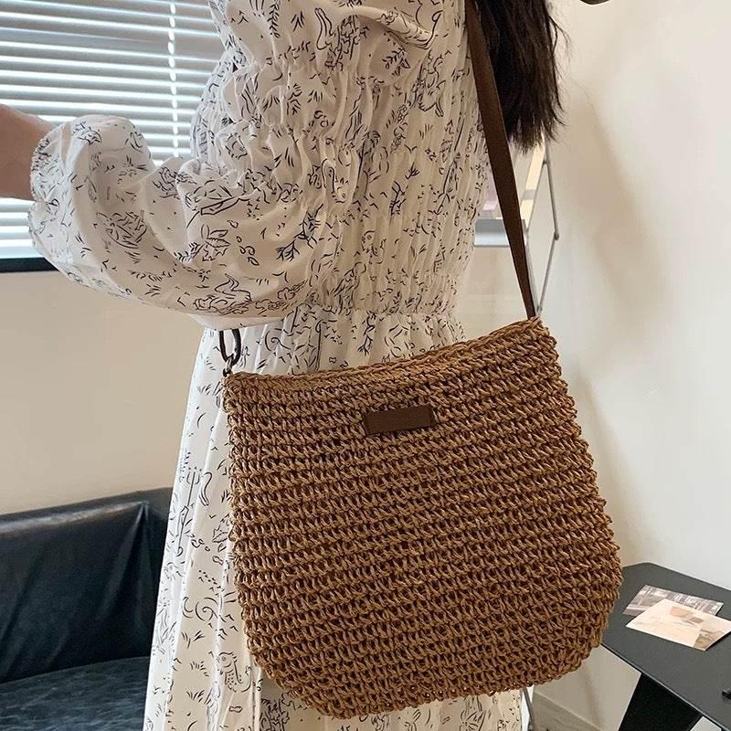 Korean Braided Crochet Shoulder Bag 23x29cm with Zipper Lining Adjustable Strap Natural Cotton Rope