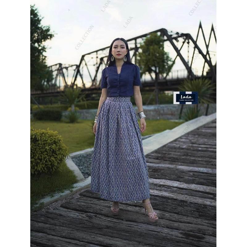 New Thai Pattern Cotton Set - 2-Piece Stylish Collar Top & Pleated Skirt Outfit for Women in 4 Colors กรม