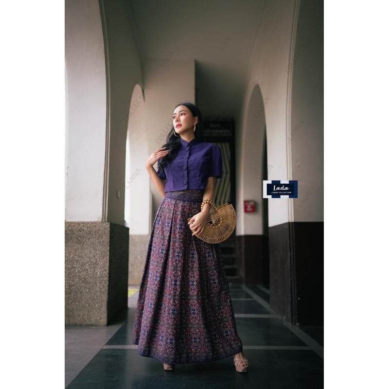 Jitlada Crop Top &amp; Praewa Print Pleated Skirt Set – Wine Red &amp; Navy Blue | Stylish Cotton Outfit for Women in S–XL Sizes One-Sake.com แดงไวน์ / L แดงไวน์ / S แดงไวน์ / M แดงไวน์ / S-แดงไวน์ / M-แดงไวน์ / L-แดงไวน์ / XL-กรม / S-กรม / M-กรม / L-กรม / XL-