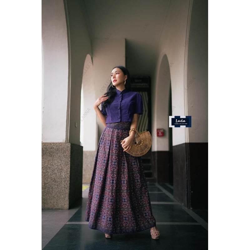 Jitlada Crop Top Pleated Skirt Set - Wine Red & Navy Blue | Trendy Cotton Outfit for Women Sizes S–XL