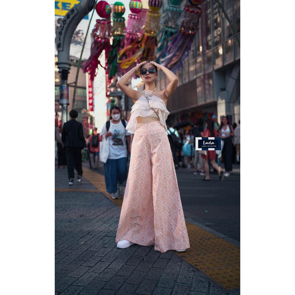 Ethnic Khit Print Wide-Leg Cotton Pants – Red, Purple &amp; Cream | High-Waisted Travel-Friendly Trousers in S–XL Sizes One-Sake.com แดง / L30 แดง / S26 แดง / M28 แดง / S26-แดง / M28-แดง / L30-แดง / XL32-ครีม / S26-ครีม / M28-ครีม / L30-ครีม / XL32-กรม / S26-กรม / M28-กรม / L30-กรม / XL32-ม่วง / S26-ม่วง / M28-ม่วง / L30-ม่วง / XL32-