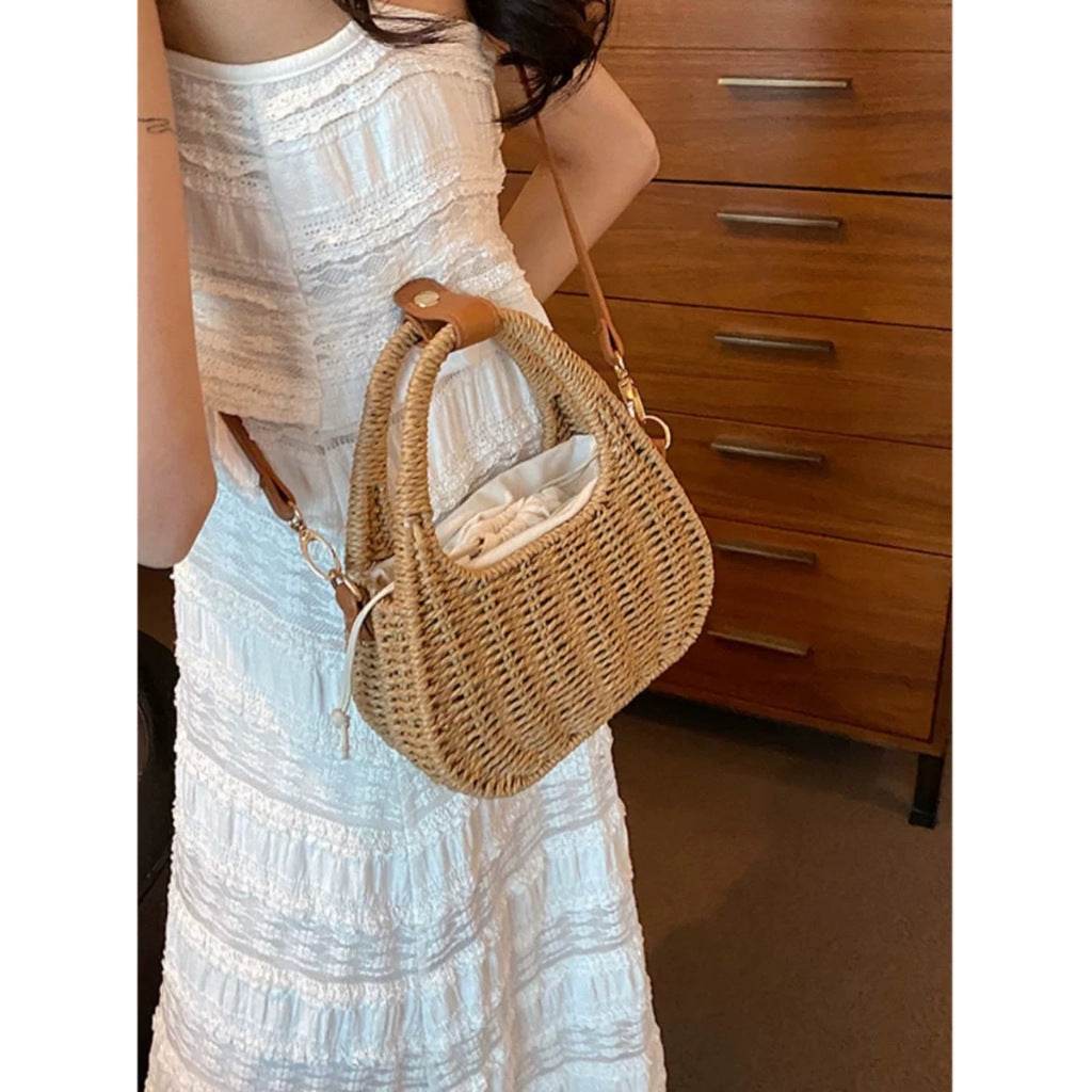 New Handwoven Shoulder &amp; Handbag – Compact with Inner Pocket | Korean Style Cotton Rope Bag 20cm Width One-Sake.com khaki white off khaki-white off-