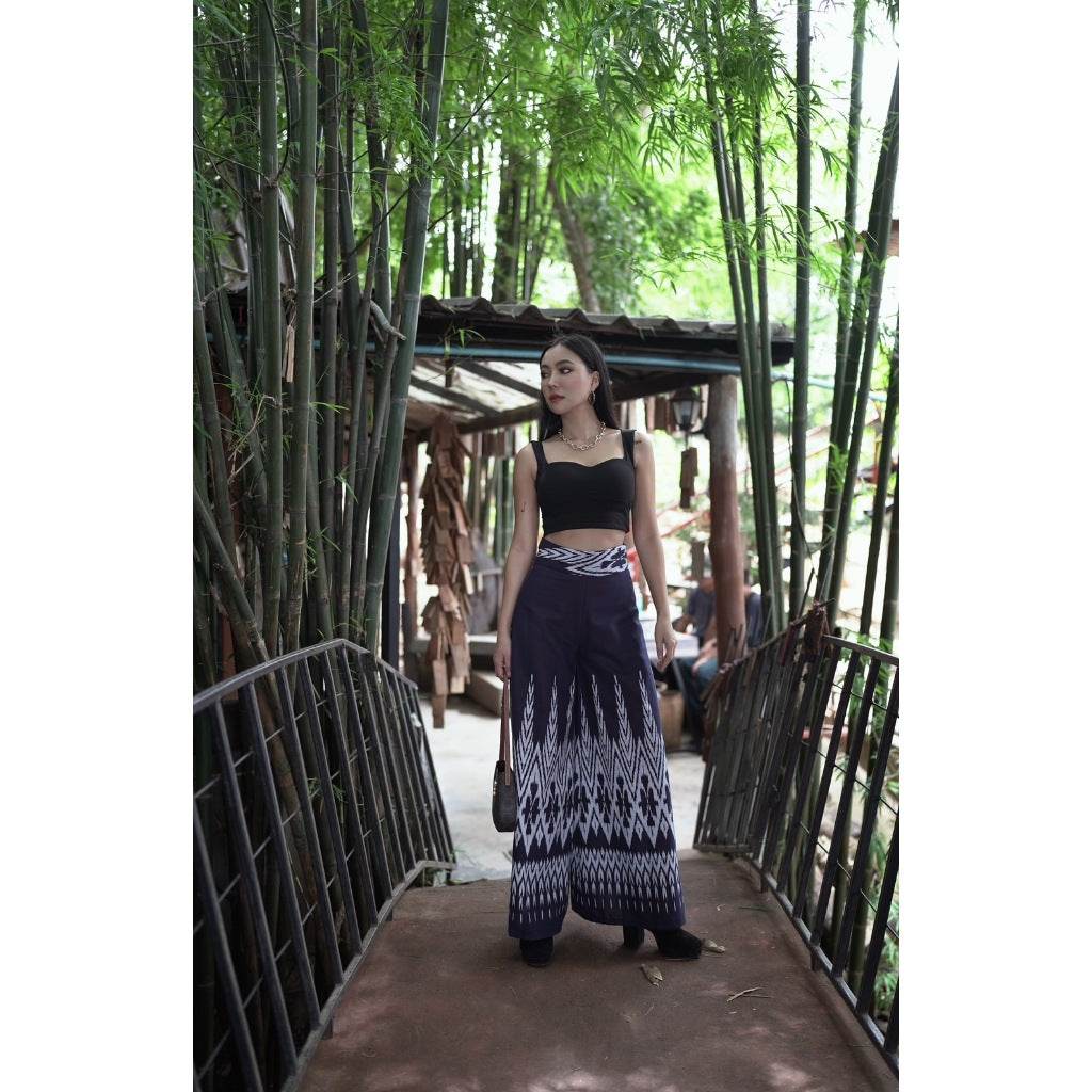 Navy Blue Pine Tree Print Flared Cotton Pants – High Waist Wide Leg Trousers for Women | Mud-Dyed Soft Fabric One-Sake.com L S M S-M-L-XL-