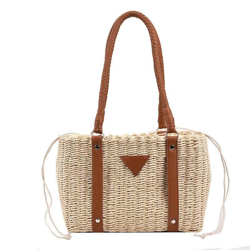 New French Style Handwoven Shoulder Bag - Cotton Rope, Zip Closure, 22x28cm, 56cm Strap for Women white off