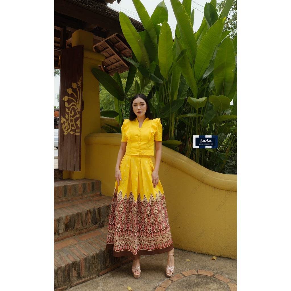 Double Layer Fan Print Cotton Blouse &amp; Skirt Set | Two-Piece Outfit in Small Leaf Pattern – Available in 2 Colors One-Sake.com ชมพู / L ชมพู / S ชมพู / M ชมพู / S-ชมพู / M-ชมพู / L-ชมพู / XL-เหลือง / S-เหลือง / M-เหลือง / L-เหลือง / XL-