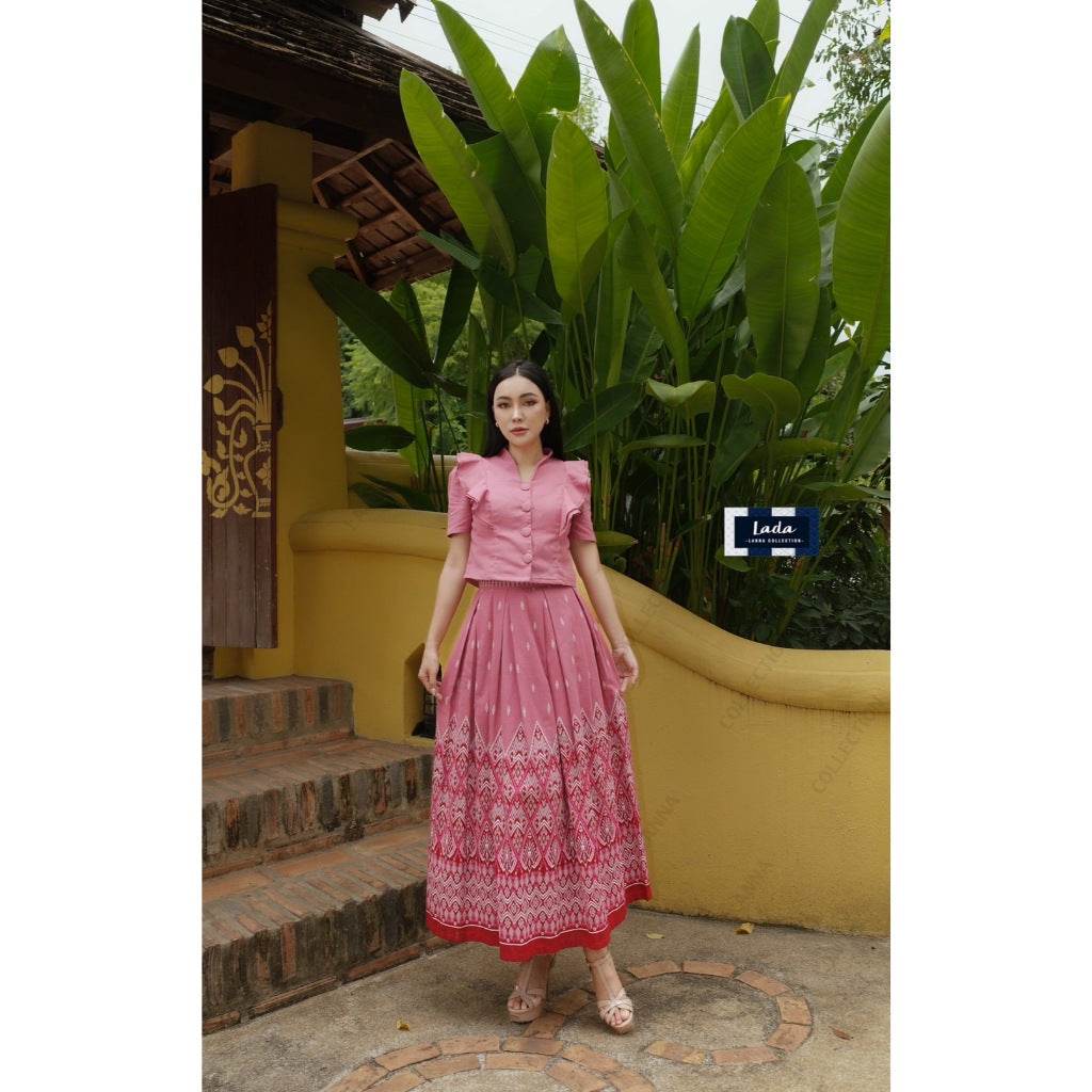 Double Layer Fan Print Cotton Blouse &amp; Skirt Set | Two-Piece Outfit in Small Leaf Pattern – Available in 2 Colors One-Sake.com ชมพู / L ชมพู / S ชมพู / M ชมพู / S-ชมพู / M-ชมพู / L-ชมพู / XL-เหลือง / S-เหลือง / M-เหลือง / L-เหลือง / XL-