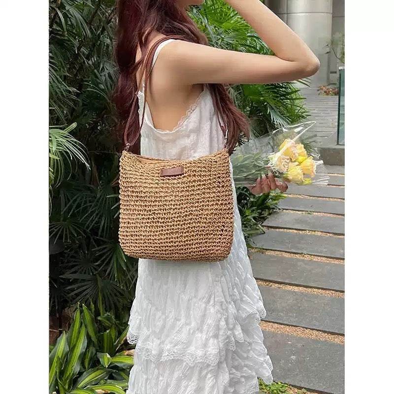 Korean Braided Crochet Shoulder Bag – 23x29cm with Zipper &amp; Lining | Adjustable Strap &amp; Natural Cotton Rope Material One-Sake.com white off khaki white off-khaki-