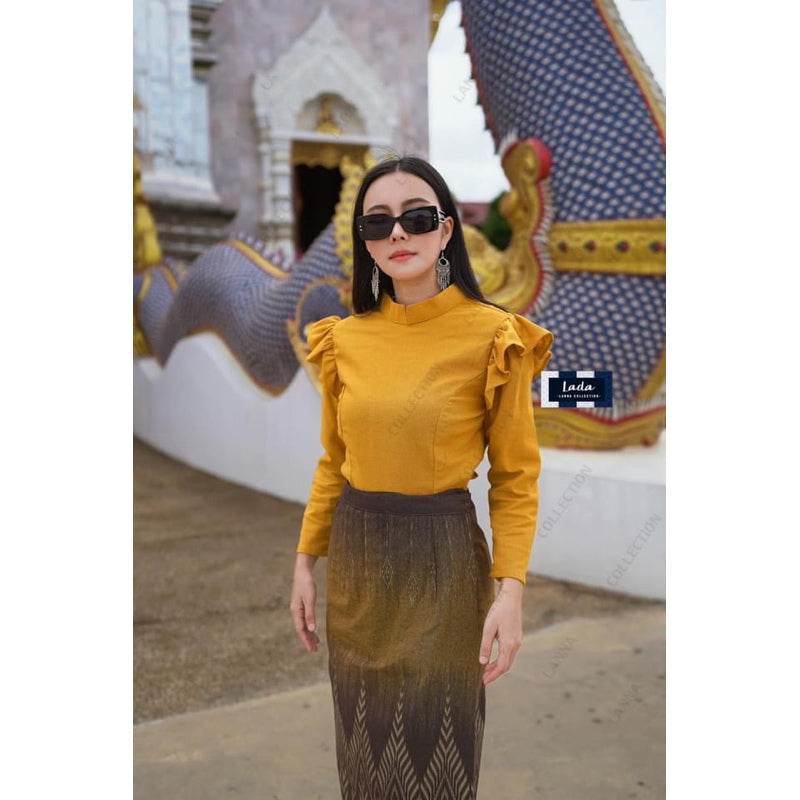 Royal Broomphiman Inspired Cotton Set with Shoulder Ruffles &amp; Pine Print Tube Skirt | Elegant Thai Style Outfit in Yellow, Green, and Purple One-Sake.com เหลือง / L เหลือง / S เหลือง / M เหลือง / S-เหลือง / M-เหลือง / L-เหลือง / XL-เขียว / S-เขียว / M-เขียว / L-เขียว / XL-ม่วง / S-ม่วง / M-ม่วง / L-ม่วง / XL-