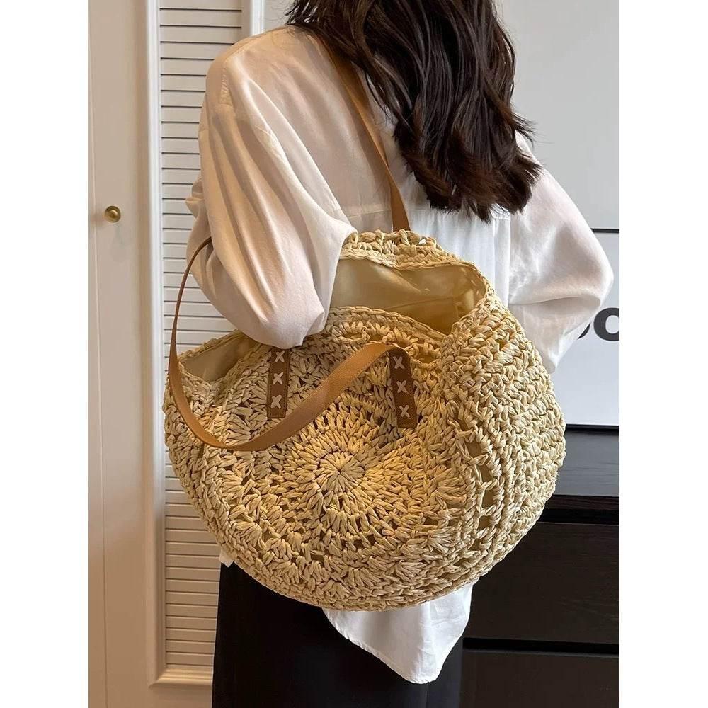 New Handwoven Round Tote Bag with Leather Strap – 44cm Cotton Rope Bag for Women | Unique Crochet Design & Natural Texture