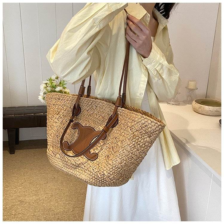 French Style Handwoven Straw Bag – Medium Size for Beach &amp; Daily Use | 40x50cm Woven Tote with 25cm Strap for Women One-Sake.com white off khaki white off-khaki-