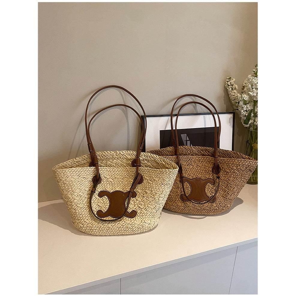 French Handwoven Straw Bag – Medium Size Tote for Beach & Daily Use | 40x50cm Woven Handbag with 25cm Strap for Women