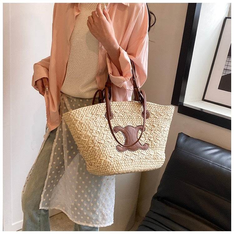 French Style Handwoven Straw Bag – Medium Size for Beach &amp; Daily Use | 40x50cm Woven Tote with 25cm Strap for Women One-Sake.com white off khaki white off-khaki-
