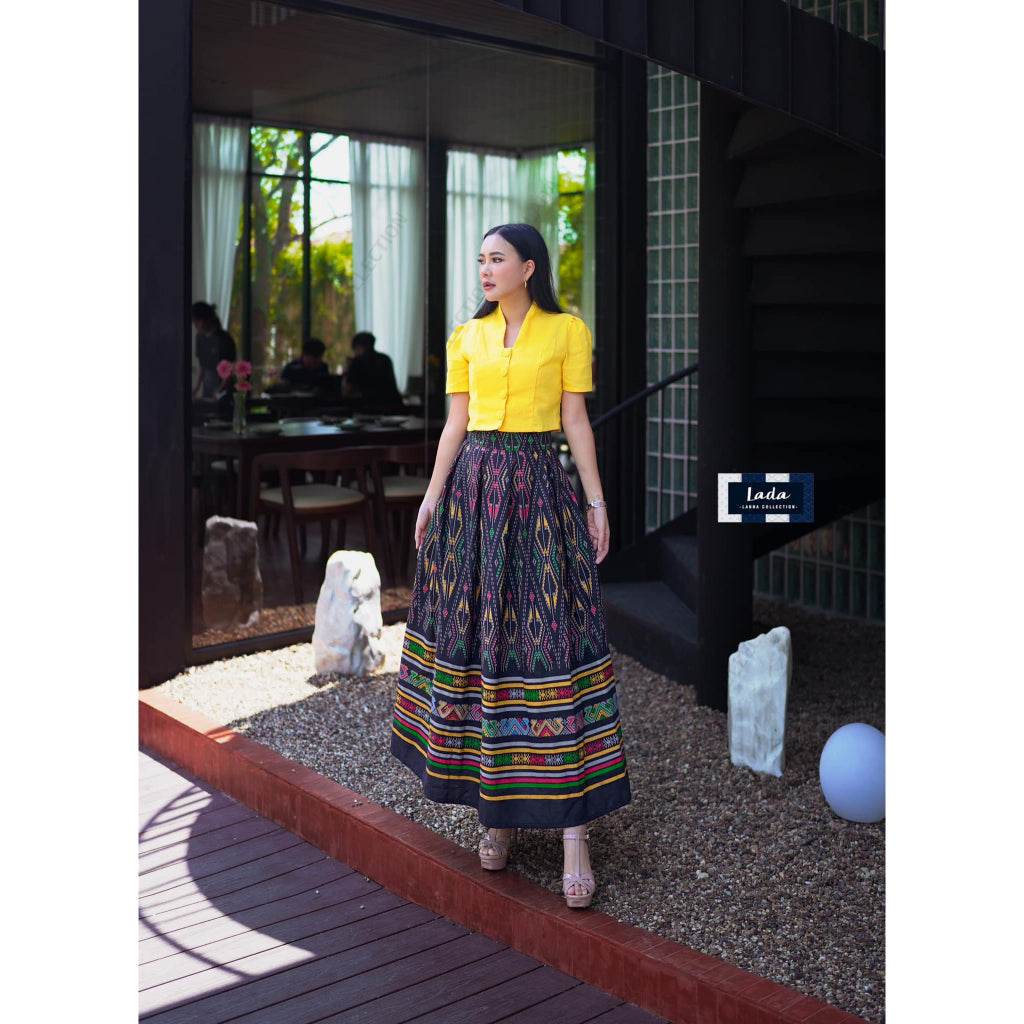 New Snake Pattern 2-Piece Cotton Set – Short Sleeve Collar Top with High-Waisted Pleated Skirt | 4 Colors &amp; Sizes S–XL One-Sake.com ดำลาย / L ดำลาย / S ดำลาย / M ดำลาย / S-ดำลาย / M-ดำลาย / L-ดำลาย / XL-เหลือง / S-เหลือง / M-เหลือง / L-เหลือง / XL-กรม / S-กรม / M-กรม / L-กรม / XL-ม่วง / S-ม่วง / M-ม่วง / L-ม่วง / XL-