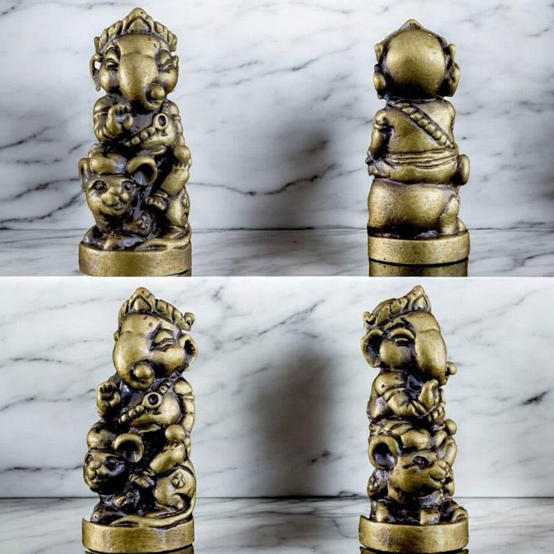Ganesha Blessing Amulet for Authentic Thai Spiritual Protection – Mini Size 2x1cm from Wat Kor Chok, Chiang Mai Antique gold bell
