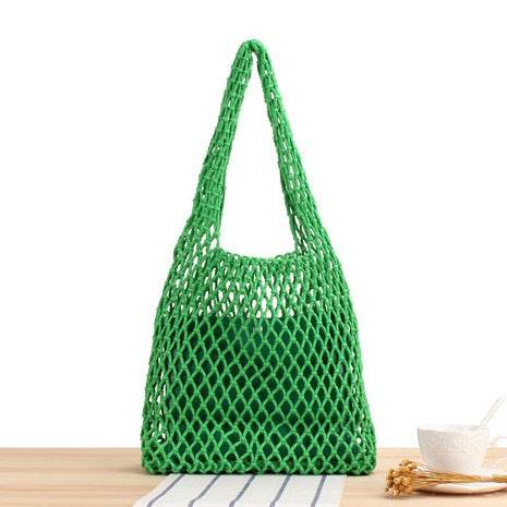 7-Color Crochet Rope Shoulder Bag with Leather Base – Handmade Cotton Tote for Women | Approx. 50cm Height One-Sake.com green White khaki White-khaki-green-purple-Blue-Yellow-Black-