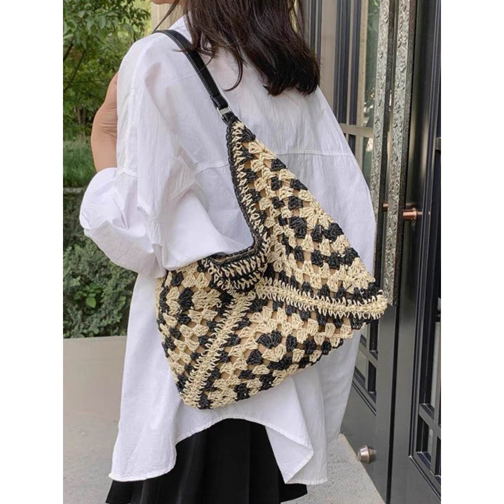 New Korean Style Crochet Shoulder Bag – Handmade Cotton Rope Tote for Women | Square 35cm x 35cm with 32cm Strap One-Sake.com khaki black khaki-black-