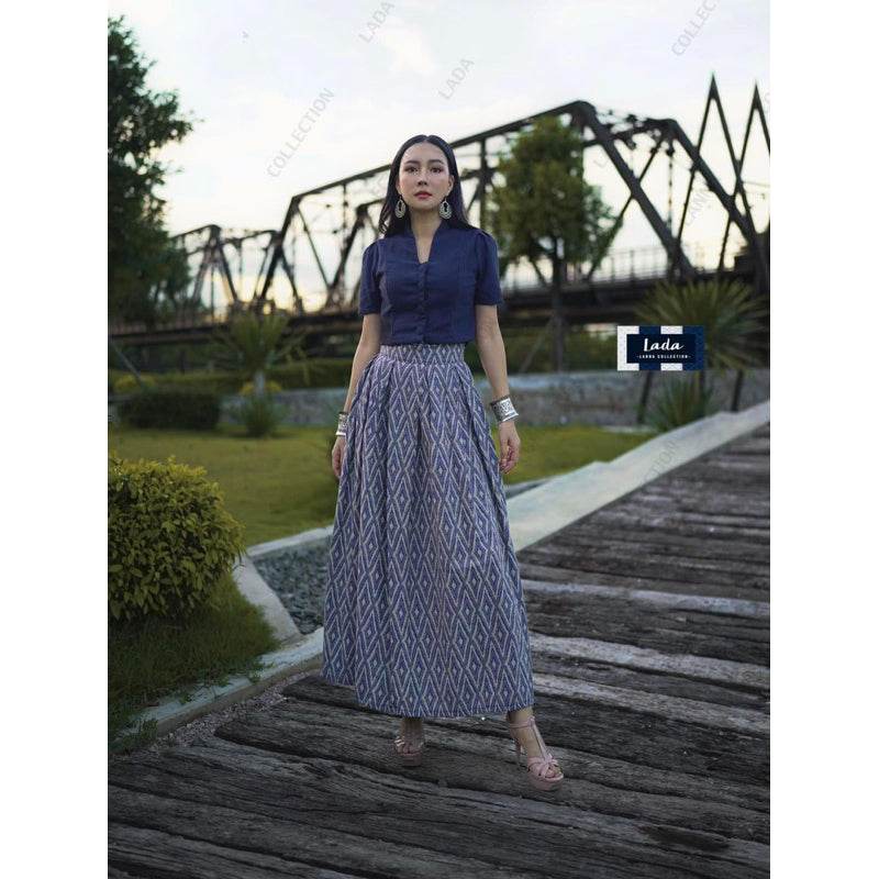 New Thai Pattern 2-Piece Cotton Set – 4 Colors | Collar Short Sleeve Top &amp; Pleated Skirt Outfit for Women - Thai Blessing Co