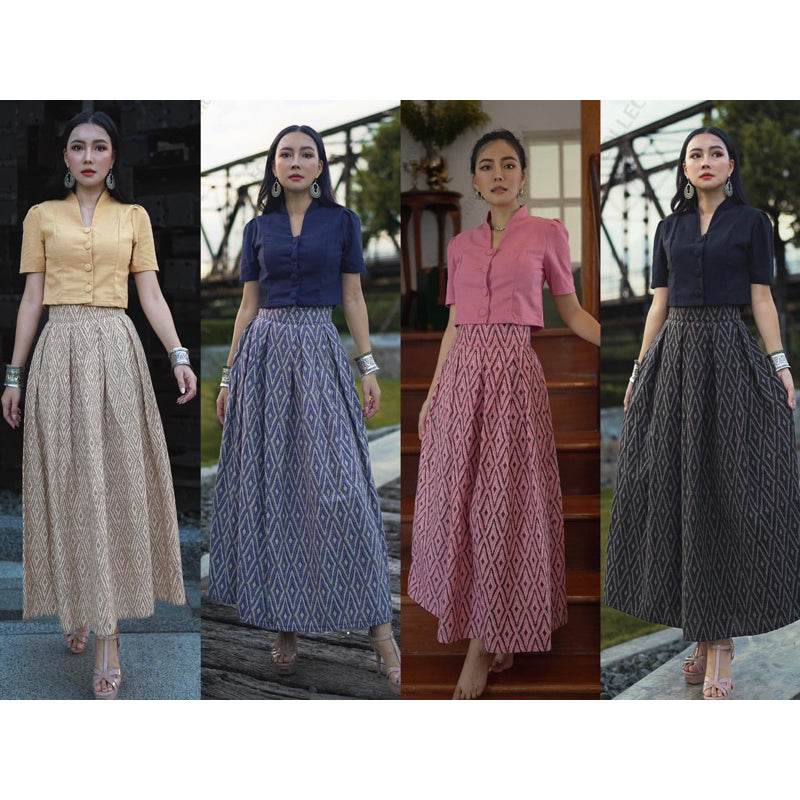 New Thai Pattern 2-Piece Cotton Set – 4 Colors | Collar Short Sleeve Top &amp; Pleated Skirt Outfit for Women - Thai Blessing Co