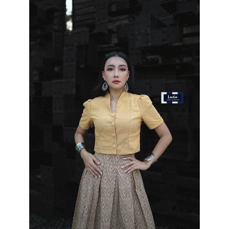 New Thai Pattern Cotton Set - 2-Piece Stylish Collar Top & Pleated Skirt Outfit for Women in 4 Colors ทองเปลือกไม้