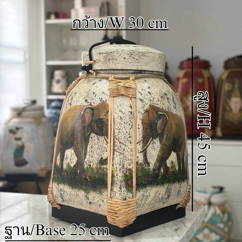 Handmade Thai decorative tray with elephant design and natural woven accents measuring 30 cm wide and 45 cm high