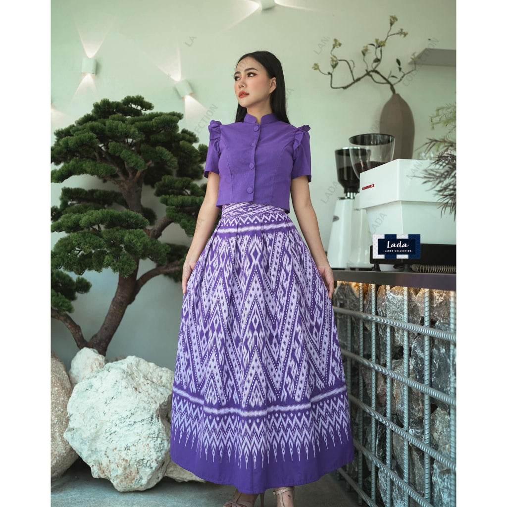 New Jitlada Short Sleeve Top & Lisa Print Pleated Skirt Set – Purple Cotton Outfit for Women | Sizes S–XL