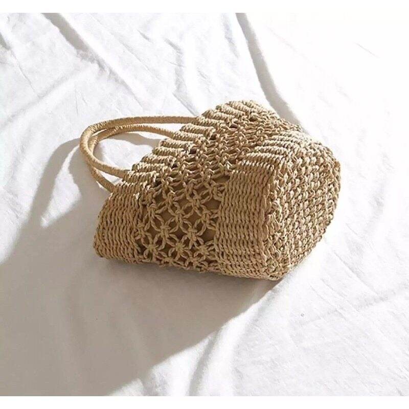 New Korean Handmade Woven Tote Bag for Women – Cotton Rope &amp; Natural Material with Inner Pocket | 2 Color Options One-Sake.com off white khaki off white-khaki-