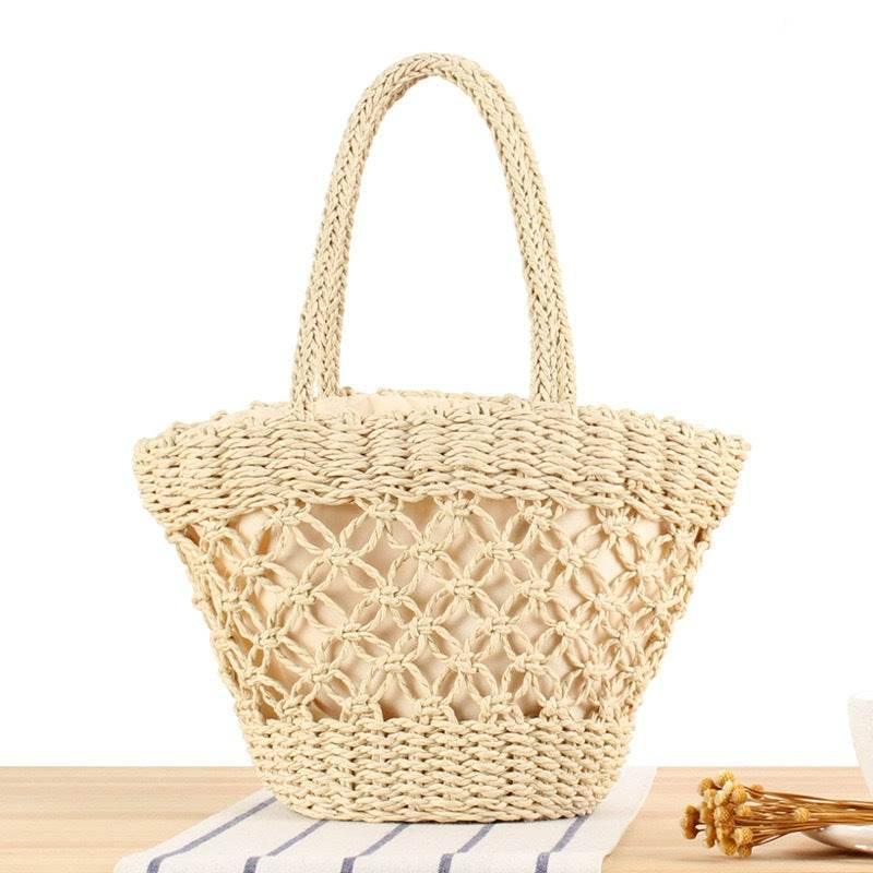 New Korean Handmade Woven Tote Bag for Women – Cotton Rope & Natural Materials with Inner Pocket | Available in 2 Colors off white