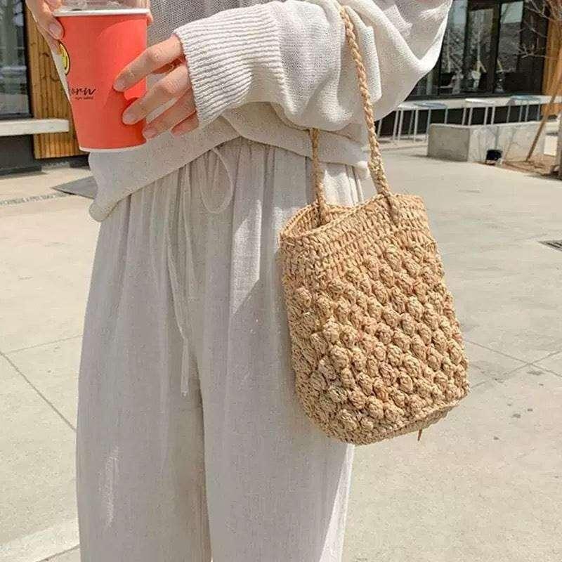 Handwoven Korean Style Shoulder Bag - Artisan Crafted Cotton Tote with Adjustable Strap, 25cm Height