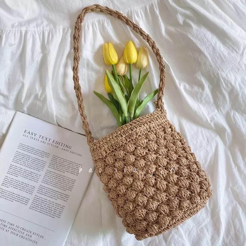 Handwoven Korean Style Shoulder Bag - Artisan Crafted Cotton Tote with Adjustable Strap, 25cm Height khaki