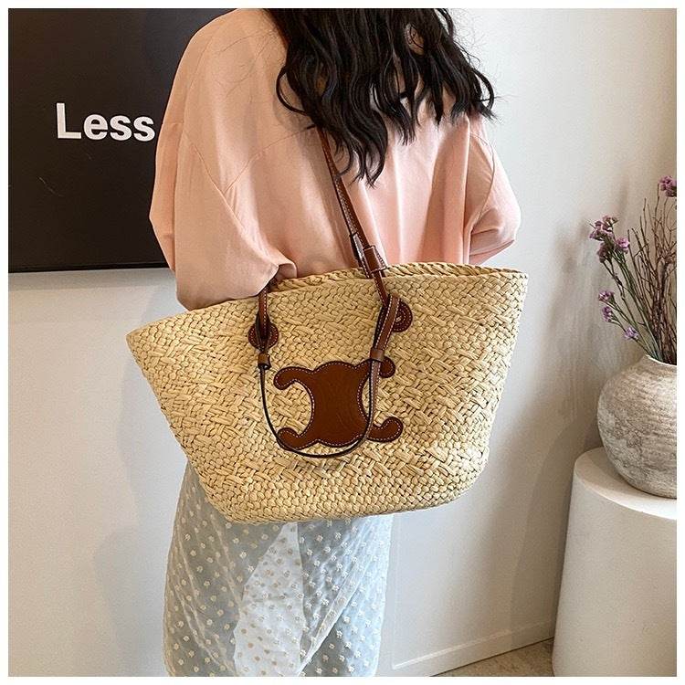 French Style Handwoven Straw Bag – Medium Size for Beach &amp; Daily Use | 40x50cm Woven Tote with 25cm Strap for Women One-Sake.com white off khaki white off-khaki-