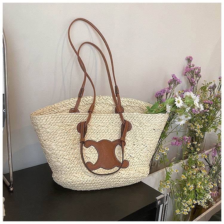 French Style Handwoven Straw Bag – Medium Size for Beach &amp; Daily Use | 40x50cm Woven Tote with 25cm Strap for Women One-Sake.com white off khaki white off-khaki-