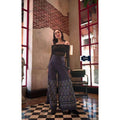 New Banana Leaf Print Flared Cotton Pants in Gray & Navy Blue - High-Waisted Wide Leg Trousers for Women Sizes S–XL กรม
