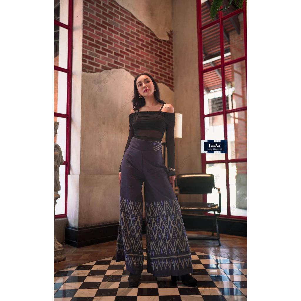 New Banana Leaf Print Flared Cotton Pants – Gray &amp; Navy Blue | High-Waisted Wide Leg Trousers for Women – S–XL Sizes One-Sake.com กรม / L กรม / S กรม / M กรม / S-กรม / M-กรม / L-กรม / XL-เทา / S-เทา / M-เทา / L-เทา / XL-