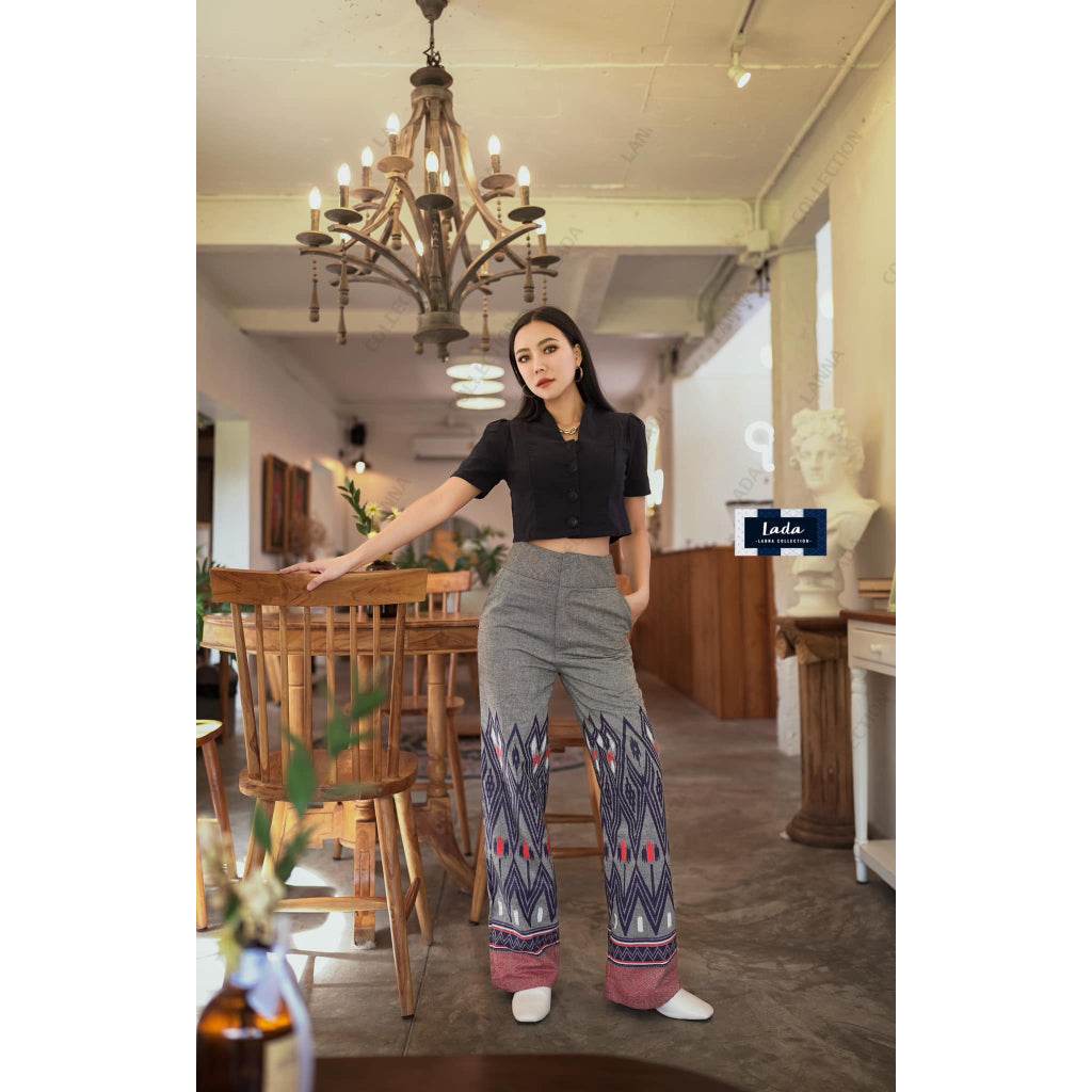 Rice-Pattern Printed Flared Bottom Pants – Small Leg Fit in Gray &amp; Navy | Thai Mud-Dyed Cotton Pants for Women in XS–XL Sizes One-Sake.com เทา / M เทา / XS เทา / S เทา / XS-เทา / S-เทา / M-เทา / L-กรม / XS-กรม / S-กรม / M-กรม / L-