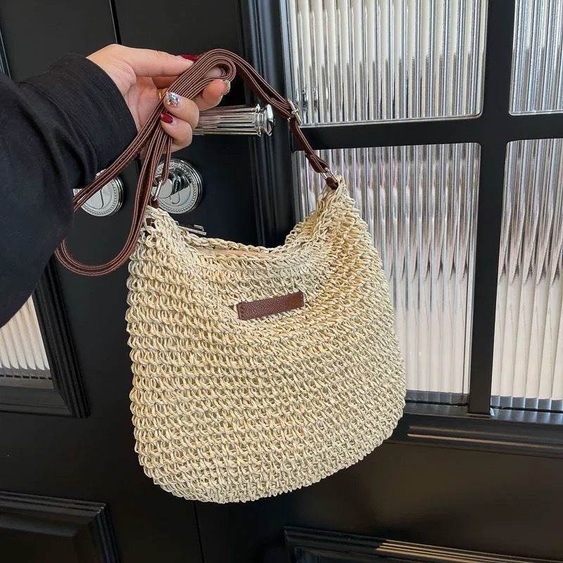 Korean Braided Crochet Shoulder Bag – 23x29cm with Zipper &amp; Lining | Adjustable Strap &amp; Natural Cotton Rope Material One-Sake.com white off khaki white off-khaki-