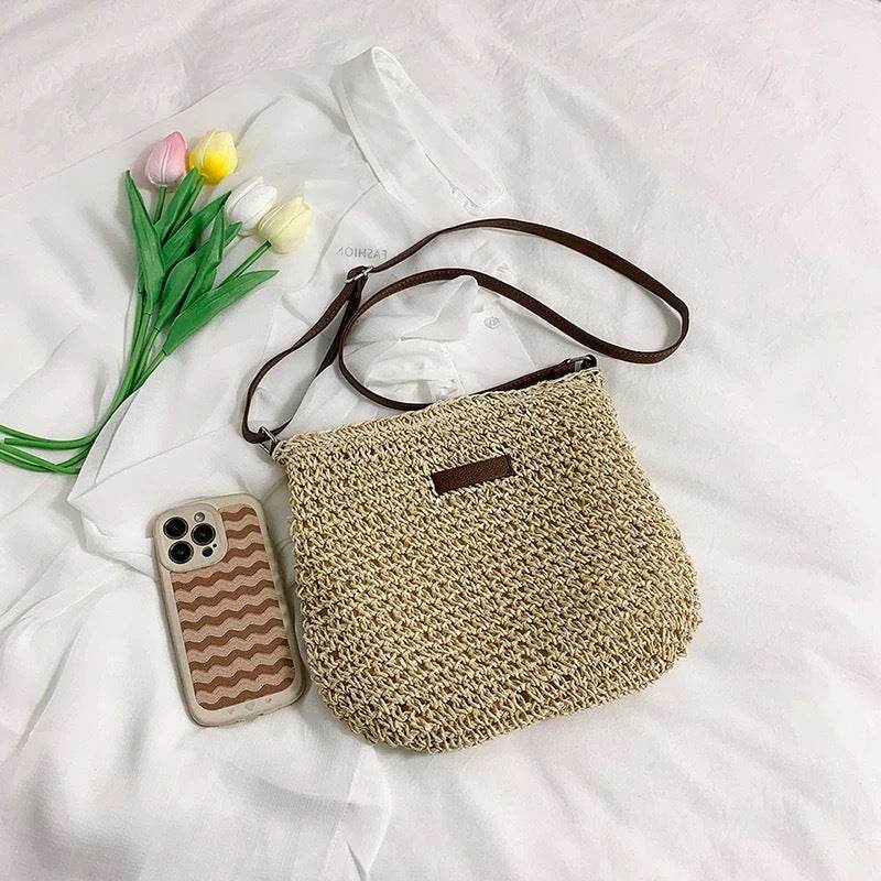 Korean Braided Crochet Shoulder Bag – 23x29cm with Zipper &amp; Lining | Adjustable Strap &amp; Natural Cotton Rope Material One-Sake.com white off khaki white off-khaki-