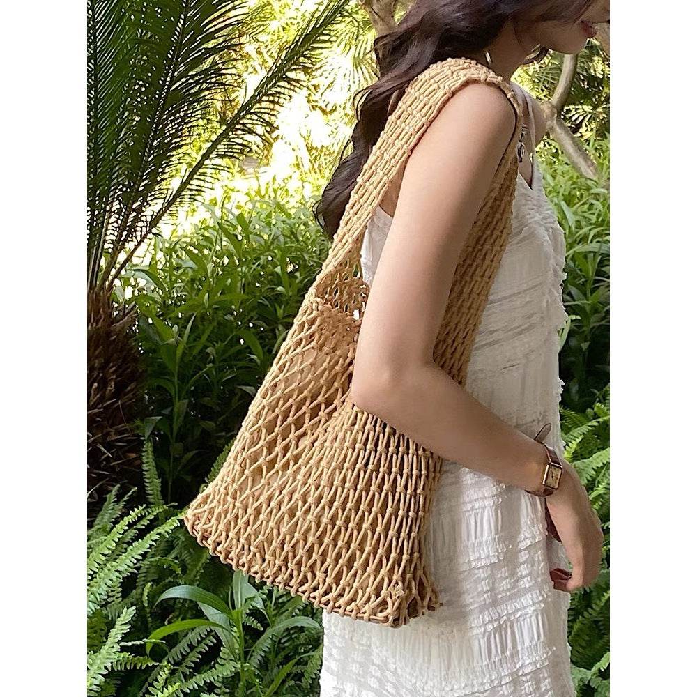 7-Color Crochet Rope Shoulder Bag with Leather Base – Handmade Cotton Tote for Women | Approx. 50cm Height One-Sake.com green White khaki White-khaki-green-purple-Blue-Yellow-Black-