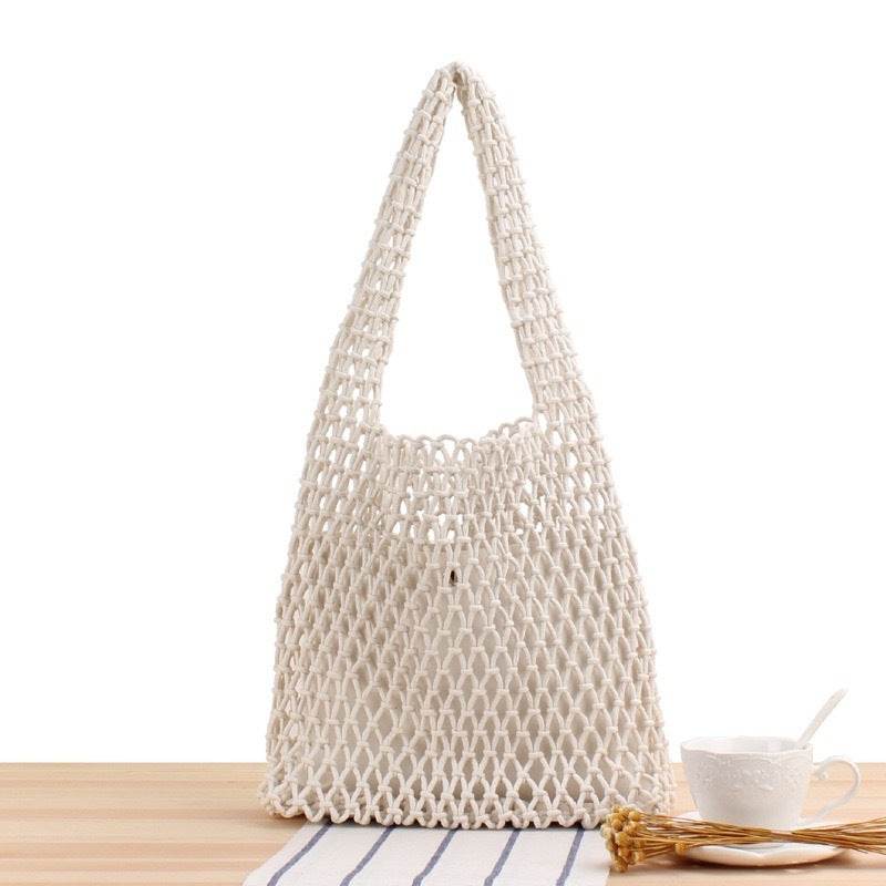 7-Color Crochet Rope Shoulder Bag with Leather Base – Handmade Cotton Tote for Women | Approx. 50cm Height One-Sake.com green White khaki White-khaki-green-purple-Blue-Yellow-Black-