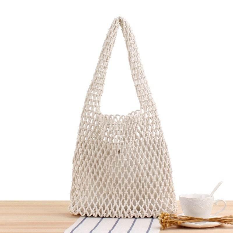 7-Color Crochet Shoulder Bag | Handmade Cotton Tote with Leather Base for Women, 50cm Height
