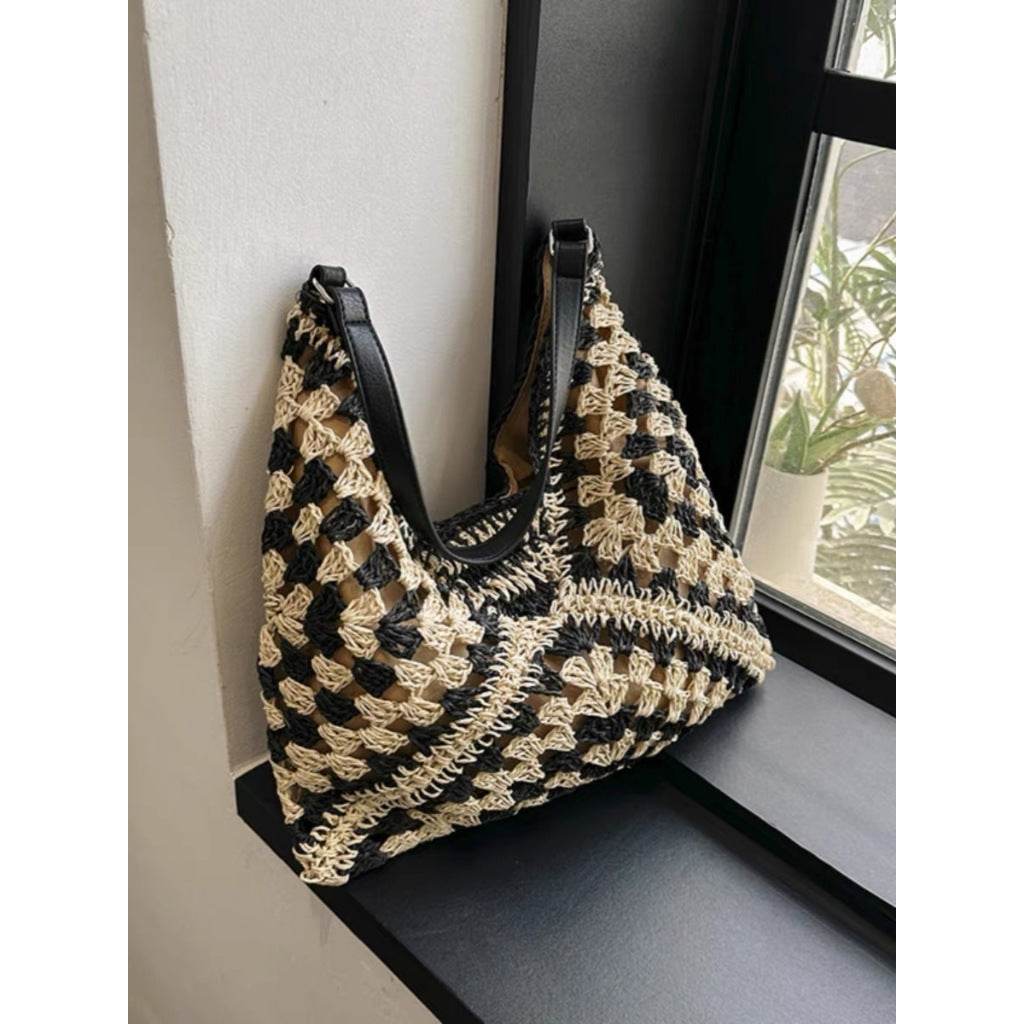 New Korean Style Crochet Shoulder Bag – Handmade Cotton Rope Tote for Women | Square 35cm x 35cm with 32cm Strap One-Sake.com khaki black khaki-black-