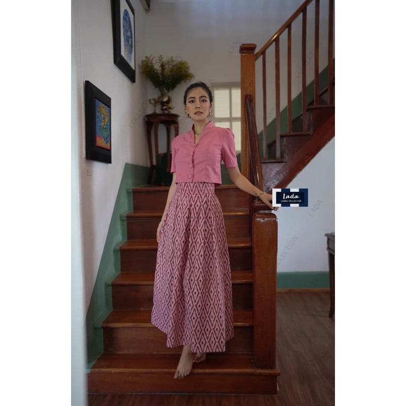 New Thai Pattern 2-Piece Cotton Set – 4 Colors | Collar Short Sleeve Top &amp; Pleated Skirt Outfit for Women - Thai Blessing Co