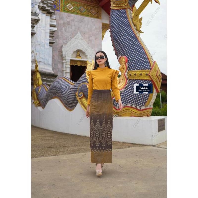 Royal Broomphiman Inspired Cotton Set with Shoulder Ruffles &amp; Pine Print Tube Skirt | Elegant Thai Style Outfit in Yellow, Green, and Purple One-Sake.com เหลือง / L เหลือง / S เหลือง / M เหลือง / S-เหลือง / M-เหลือง / L-เหลือง / XL-เขียว / S-เขียว / M-เขียว / L-เขียว / XL-ม่วง / S-ม่วง / M-ม่วง / L-ม่วง / XL-