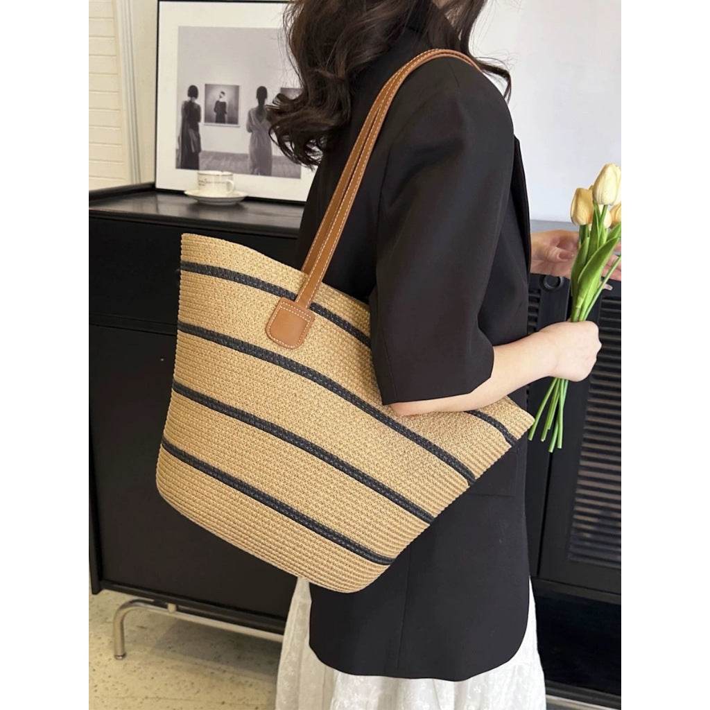 Handwoven Rattan Bag with Leather Strap – Elegant Shoulder Tote for Women | 42cm x 44cm Size – Natural Style Fashion Accessory One-Sake.com khaki khaki-