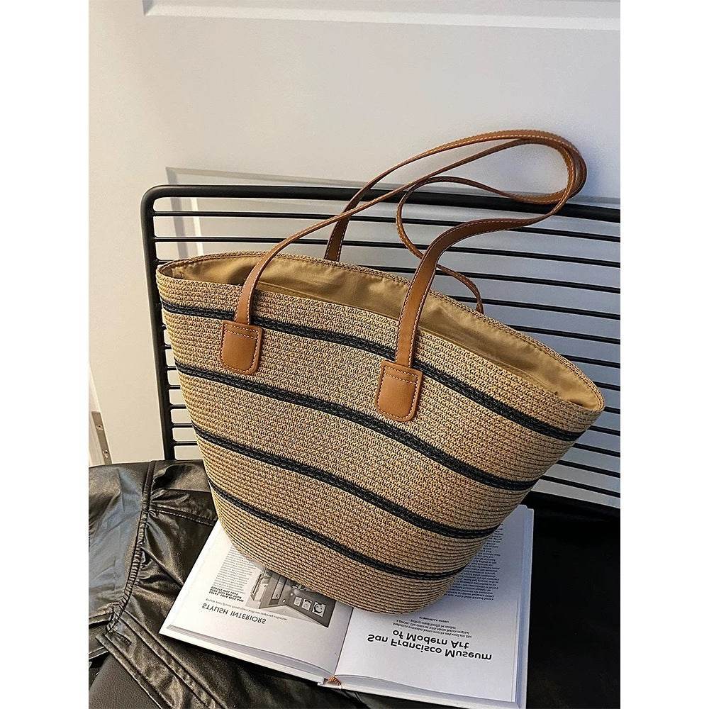 Handwoven Rattan Bag with Leather Strap – Elegant Shoulder Tote for Women | 42cm x 44cm Size – Natural Style Fashion Accessory One-Sake.com khaki khaki-