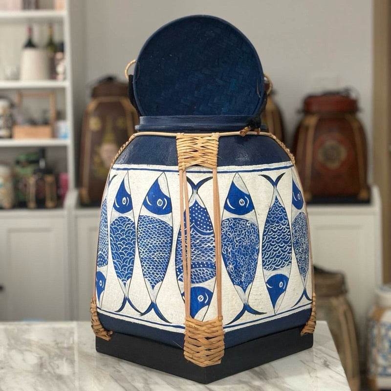 Handmade Thai decorative tray with blue fish design and woven rattan details from One-Sake.com